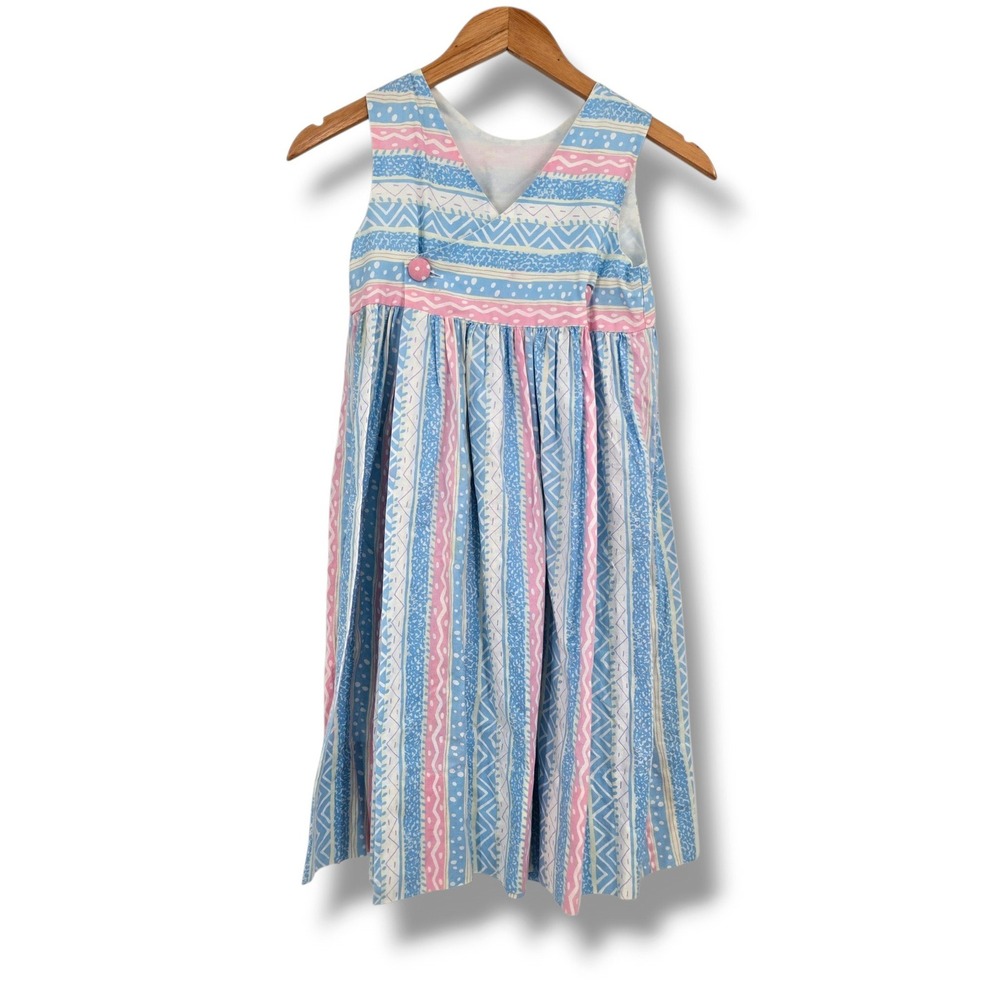 Vintage Girls Blue Pink Geometric Striped Sleeveless V-Neck A-Line Dress